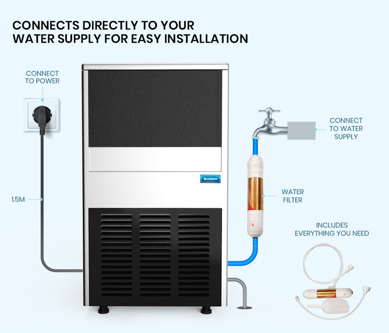 POLYCOOL 60KG/24H Commercial Automatic Ice Cube Maker, Stainless Steel Machine, Undercounter Design