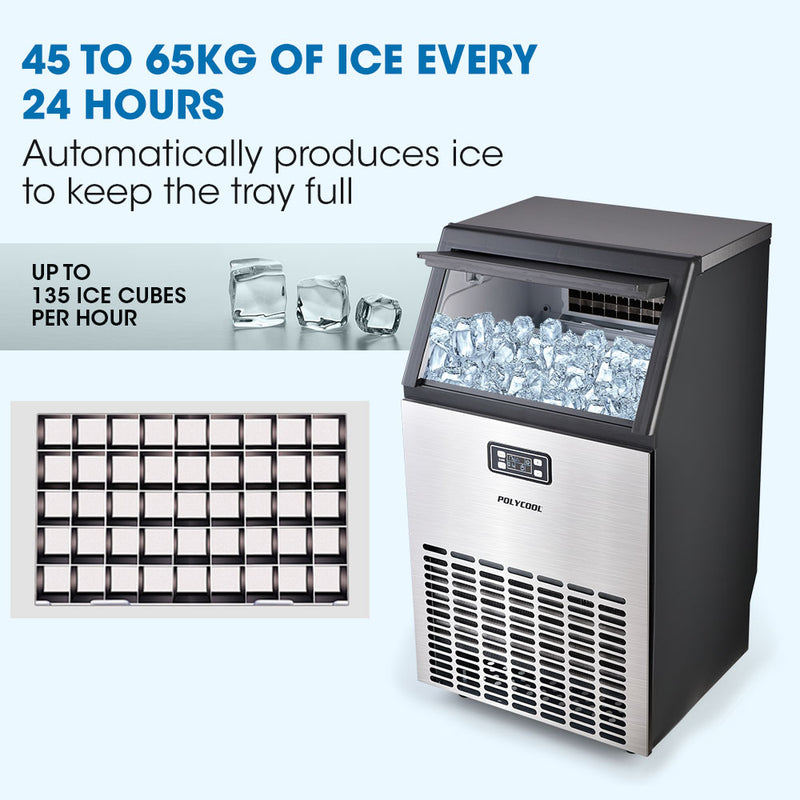 POLYCOOL Commercial Ice Maker Machine, up to 45kg/24hr, Stainless Steel, Undercounter, Freestanding