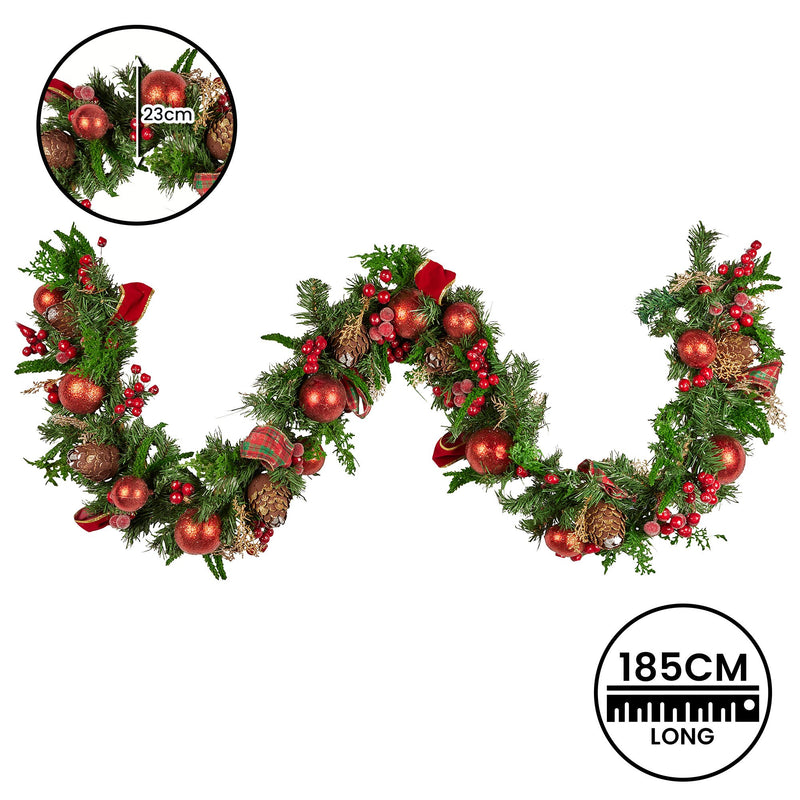 Christabelle 185cm Christmas Garland Lush Green Holiday Garland with Red Berries, Baubles & Pine Cones Pre-Decorated Festive Shelf or Banister Decoration