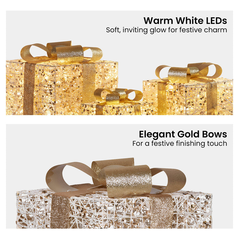 Christabelle Set of 3 Battery Operated Golden Christmas Gift Boxes w/Warm White LED Lights Indoor Decorative Holiday