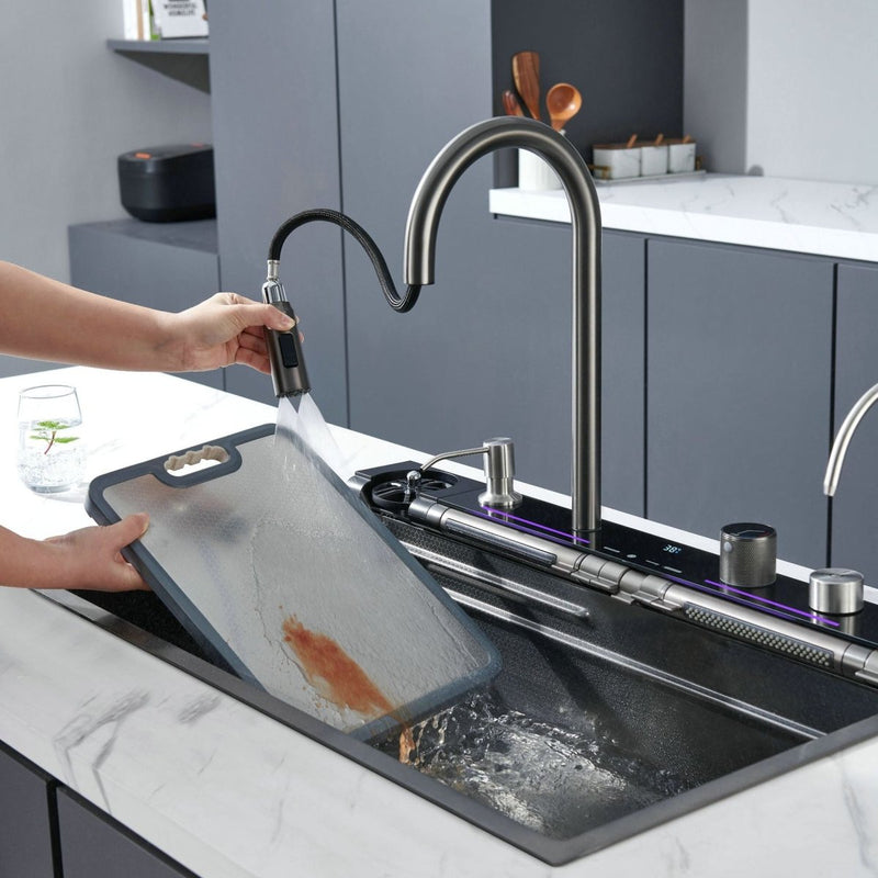 80x45cm Integrated Waterfall Kitchen Sink - Stainless Steel Water Filter Cup Washer