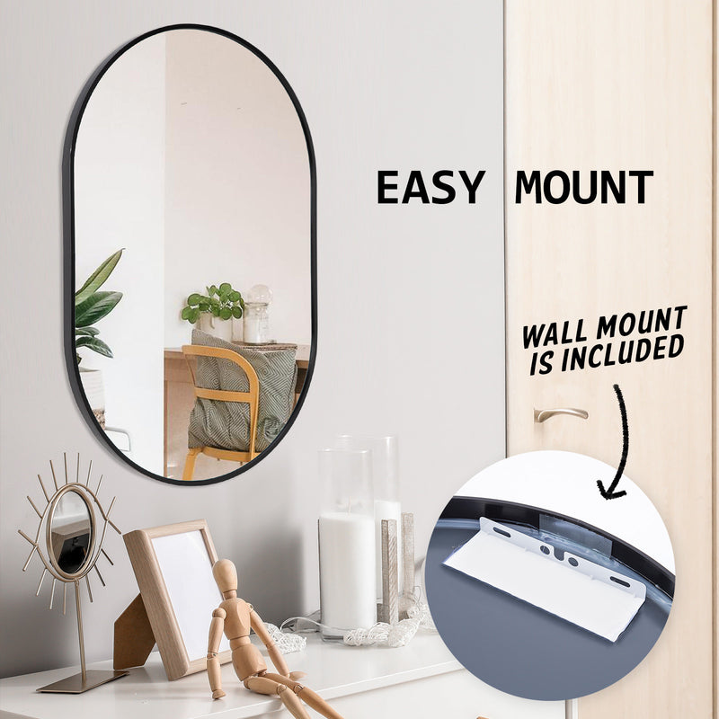 Wall Mirror Oval Aluminum Frame Bathroom 50x75cm BLACK