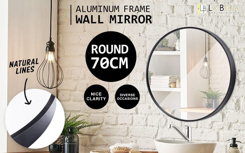 Wall Mirror Round Aluminum Frame Bathroom 70cm BLACK