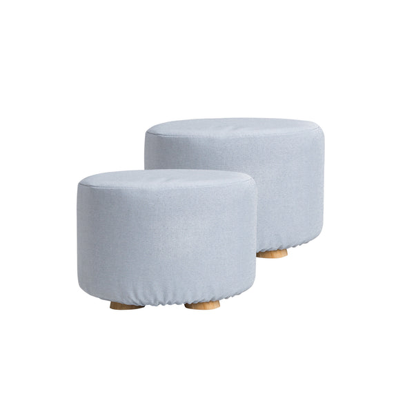 2X Fabric Ottoman Round Wooden Leg Foot Stool - LIGHT BLUE