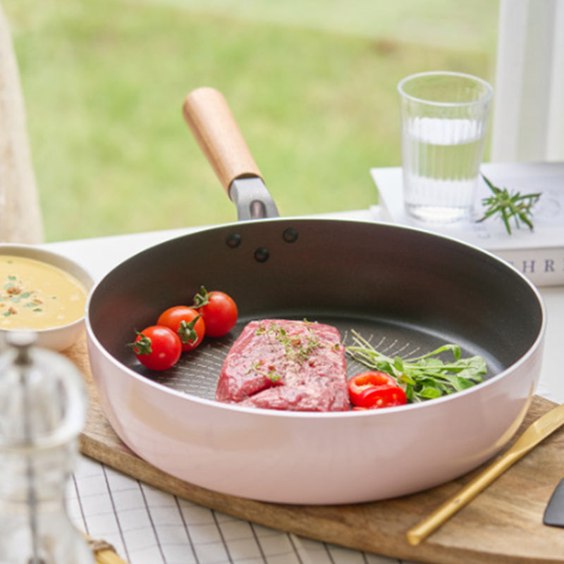 Fanjini Stone Frypan Frying Pan 28cm Non-Stick IH Induction Wood Ceramic Round PINK