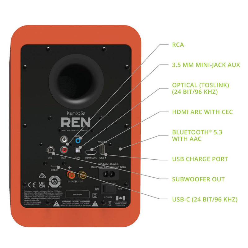 Kanto REN 200W Powered Bookshelf Speakers with HDMI ARC, USB-C, and Bluetooth 5.3 - Matte Orange, Pair