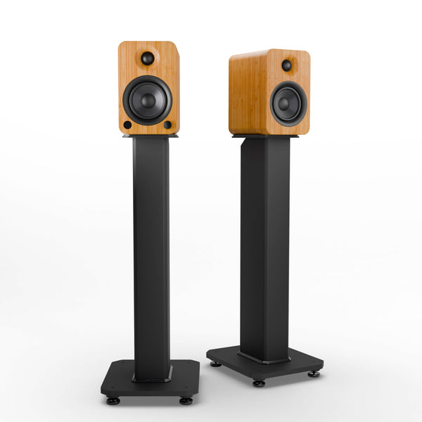 Kanto YU4 140W Powered Bookshelf Speakers with Bluetooth and Phono Preamp - Pair, Bamboo with SX26 Black Stand Bundle