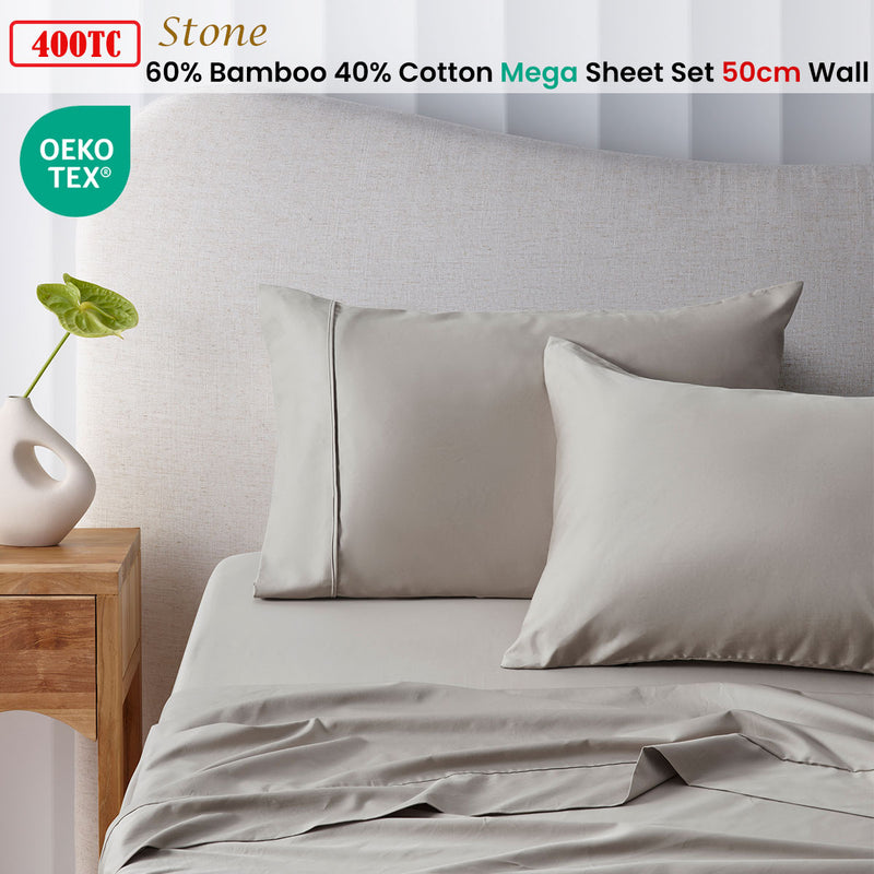 Accessorize 400TC Stone Bamboo Cotton Mega / Super Sheet Set 50cm Wall Super King