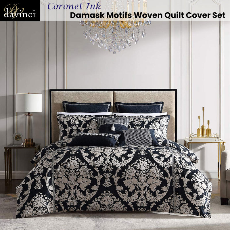 Davinci Coronet Ink Damask Motifs Woven Quilt Cover Set Queen