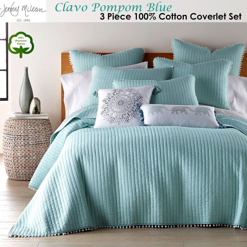 Jenny Mclean Clavo Pompom Blue 3 Piece 100% Cotton Coverlet Set Super King