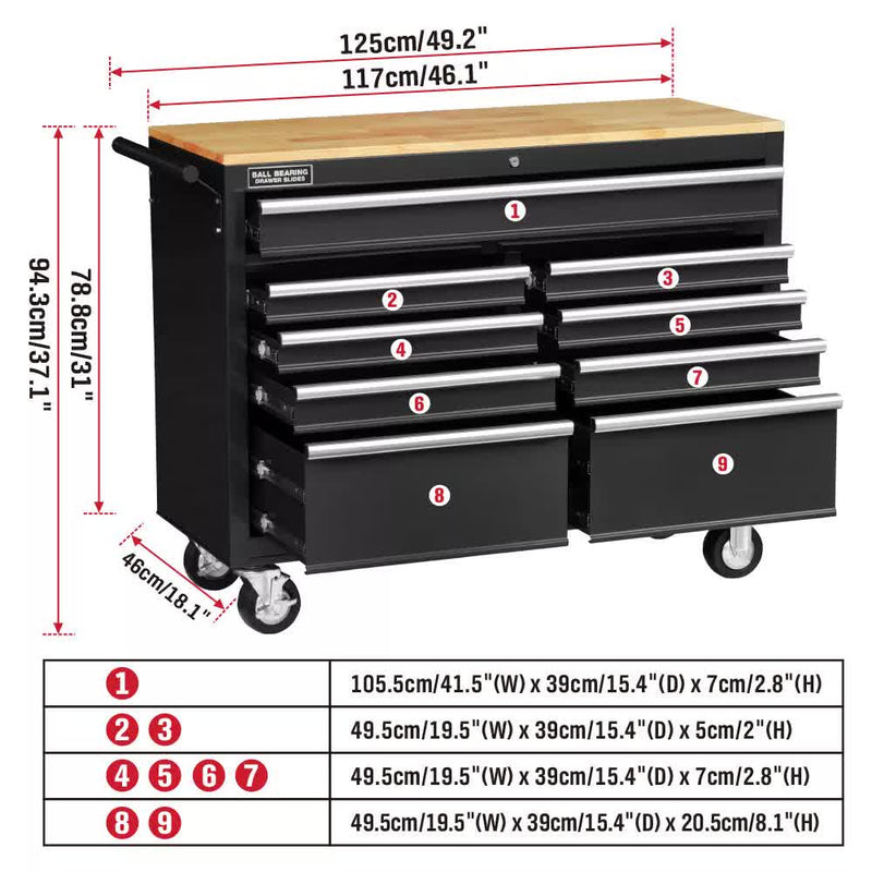 9 Drawer Tool Box Chest Cabinet Trolley