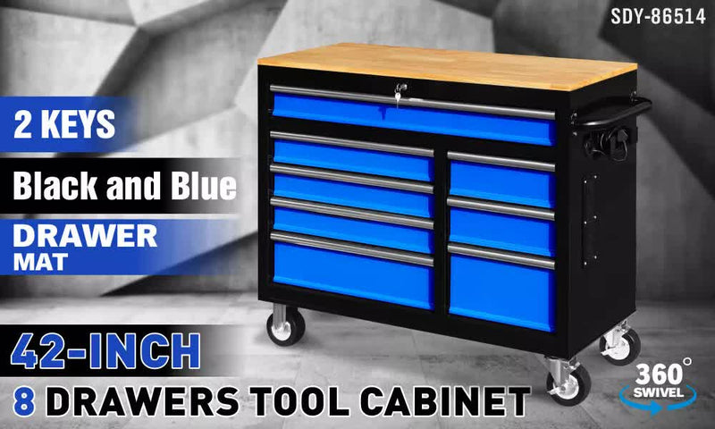 42 inch 8 Drawer Tool Cabinet 1000 lbs Casters Blue