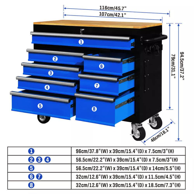 42 inch 8 Drawer Tool Cabinet 1000 lbs Casters Blue