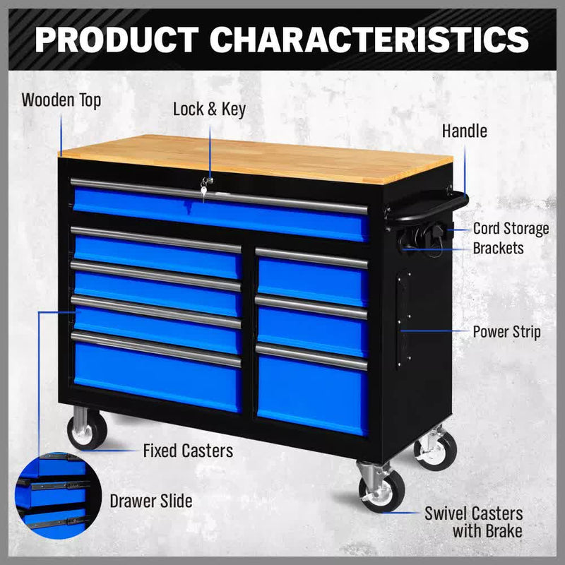 42 inch 8 Drawer Tool Cabinet 1000 lbs Casters Blue