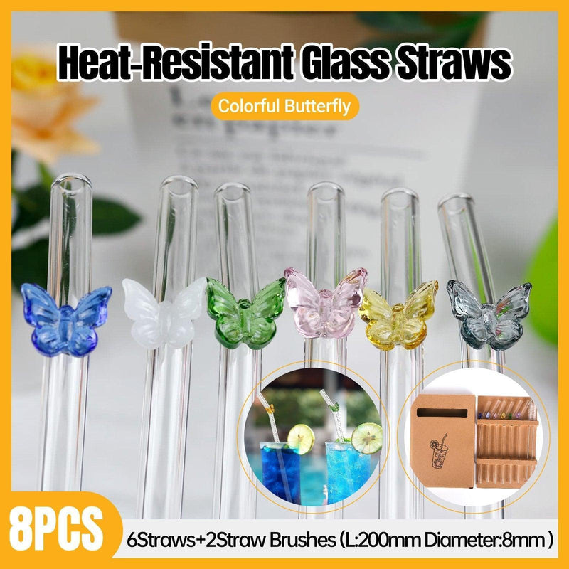 8pcs Colourful Butterfly Glass Straw Reusable Heat Resistant Proof MultiColours