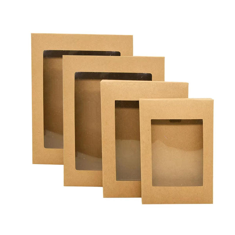 50PCS Kraft Paper Gift Boxes with PVC Window White Black Bakery Packaging Carton - L
