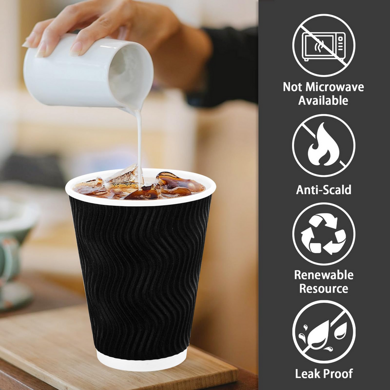 500x Triple Wall Coffee Cups (12oz) Disposable Takeaway BPA Free Paper Bulk in Black
