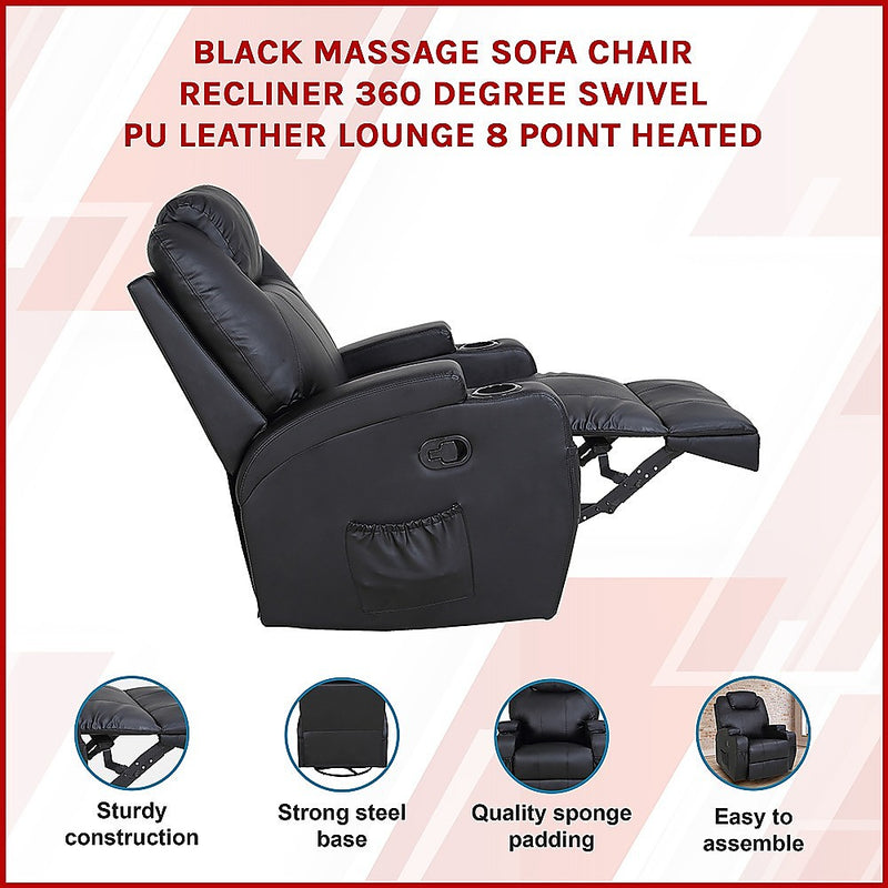 Black Massage Sofa Chair Recliner 360 Degree Swivel PU Leather Lounge 8 Point Heated