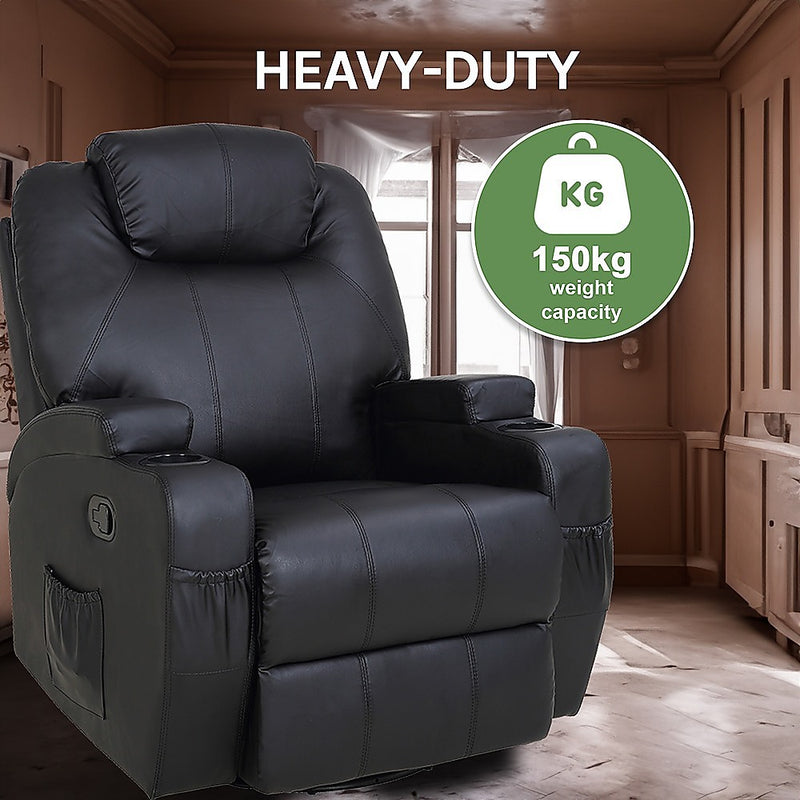 Black Massage Sofa Chair Recliner 360 Degree Swivel PU Leather Lounge 8 Point Heated