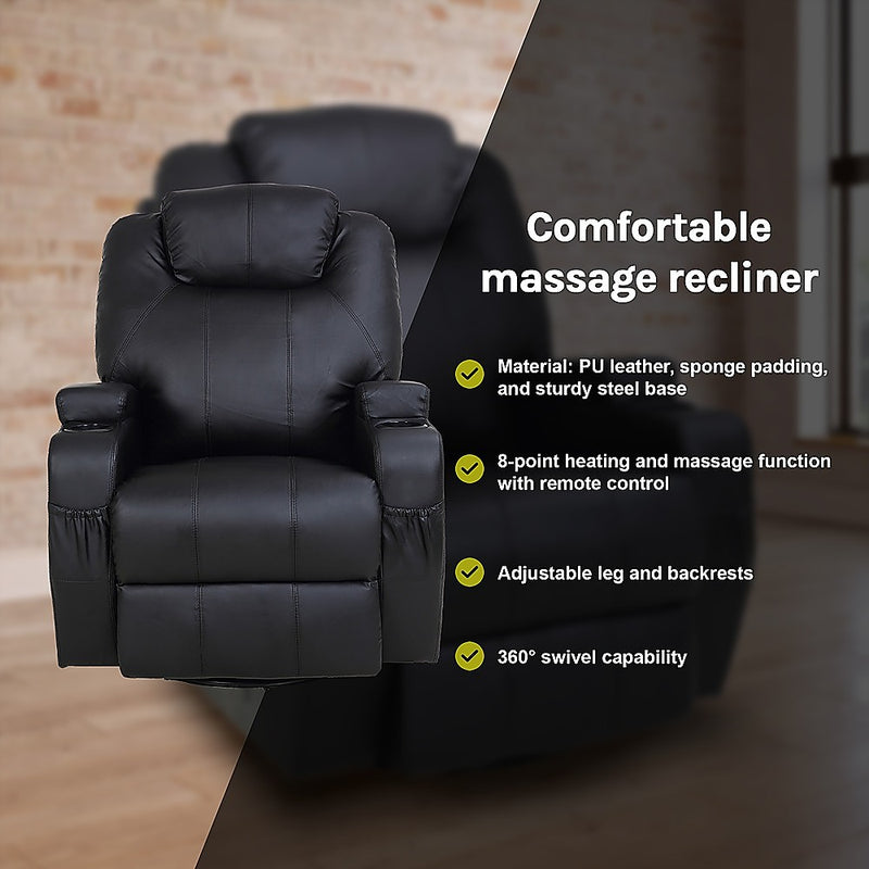 Black Massage Sofa Chair Recliner 360 Degree Swivel PU Leather Lounge 8 Point Heated