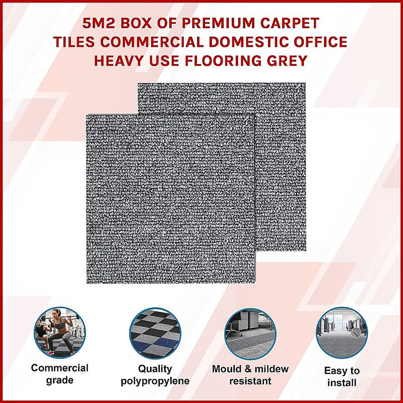 5m2 Box of Premium Carpet Tiles Commercial Domestic Heavy Use - Grey