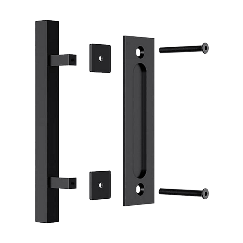 12" Square Pull and Flush Door Handle Set Black Barn Door Hardware