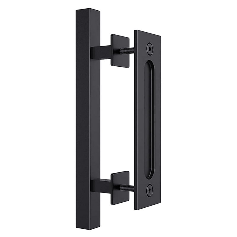 12" Square Pull and Flush Door Handle Set Black Barn Door Hardware