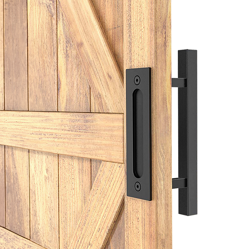 12" Square Pull and Flush Door Handle Set Black Barn Door Hardware