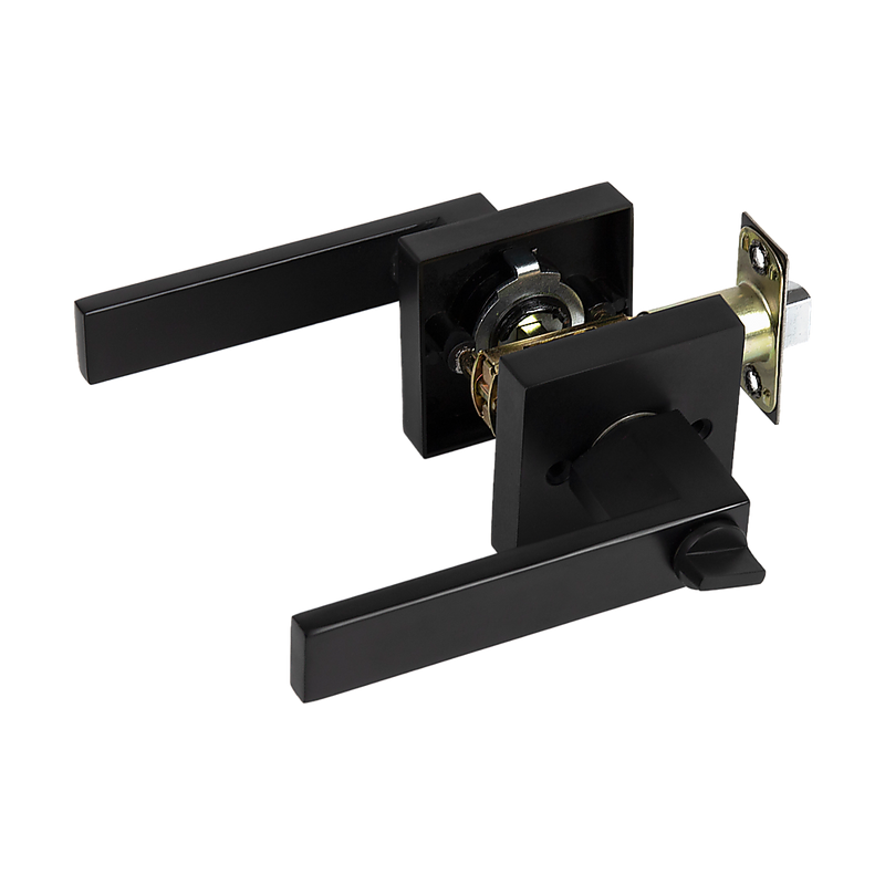 Door Handle Set Lever Key Lock Function Square Black