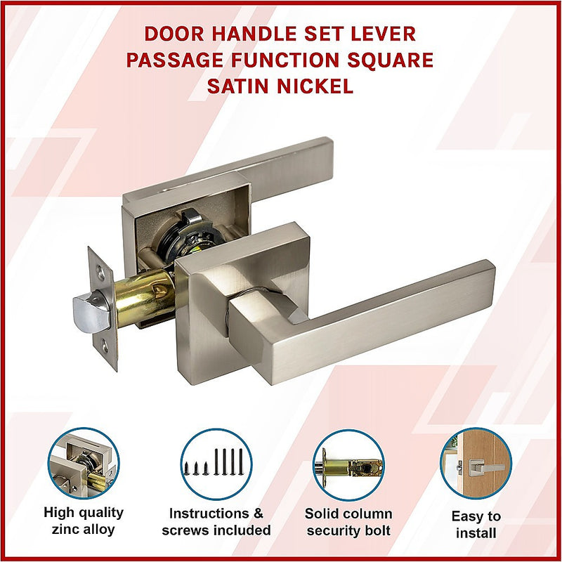 Door Handle Set Lever Passage Function Square Satin Nickel