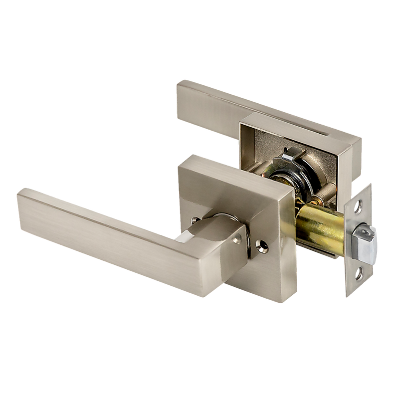Door Handle Set Lever Passage Function Square Satin Nickel