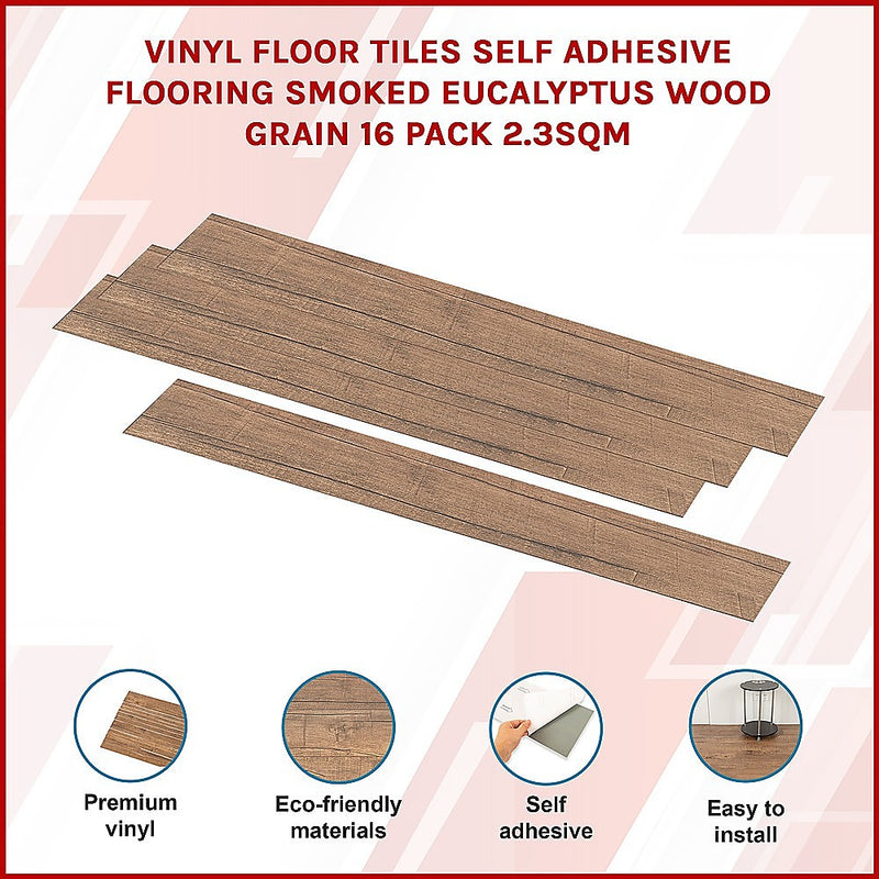 Vinyl Floor Tiles Self Adhesive Flooring Smoked Eucalyptus Wood Grain 16 Pack 2.3SQM