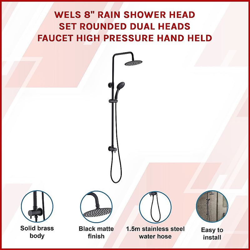 WELS 8" Rain Shower Head Set Rounded Dual Heads Faucet High Pressure Hand Held