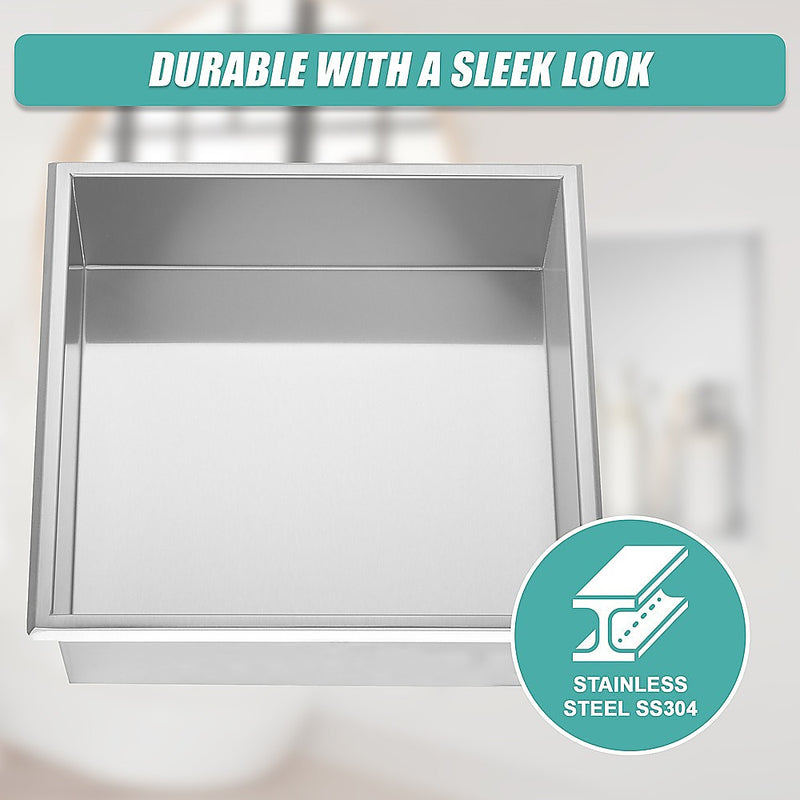 336 x 336 x 101mm Shower Niche Single Shelf Organizer No Tile Needed in Stainless Steel Finish