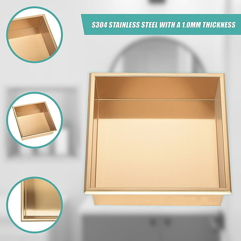 336 x 336 x 101mm Shower Niche Single Shelf Organizer No Tile Needed in Gold