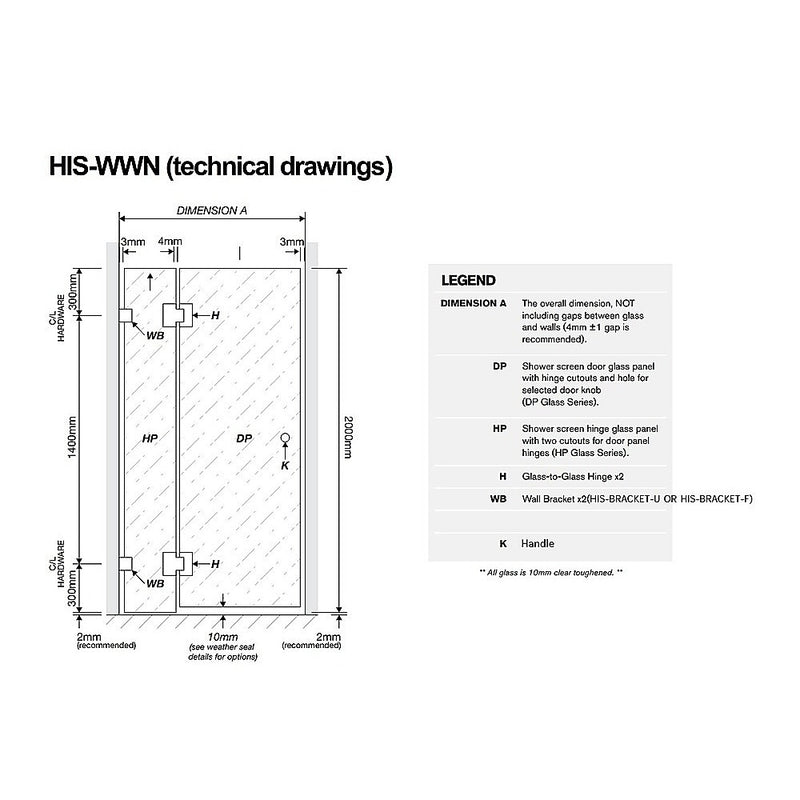 120cm Wall to Wall Frameless Shower Screen with White Brackets and SS Hinges