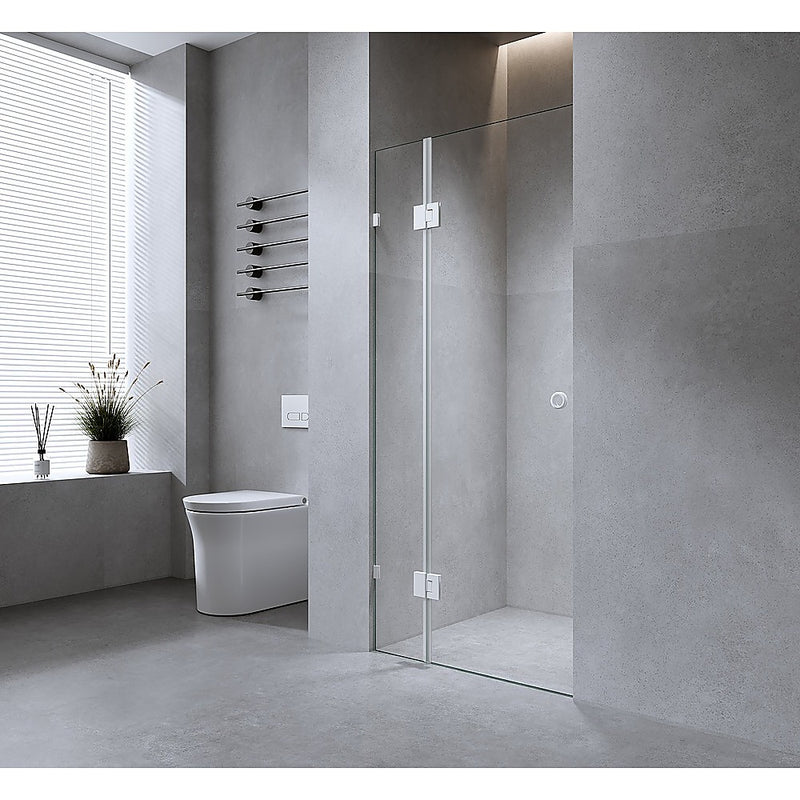 120cm Wall to Wall Frameless Shower Screen with White Brackets and SS Hinges