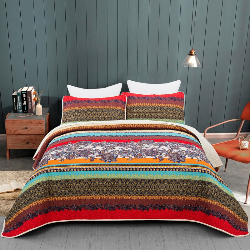 Rusty Boho floral Chic 3 Pc Bedspread & Pillow Cover Set