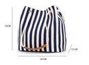 Black Stripes Canvas Bucket Tote Bag with Leather Handle