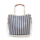 Light Blue Stripes Canvas Bucket Tote Bag with Leather Handle