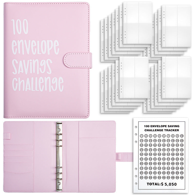 Pink 100-Day Savings Challenge Cash Binder with Tracker and Refillable Notebook