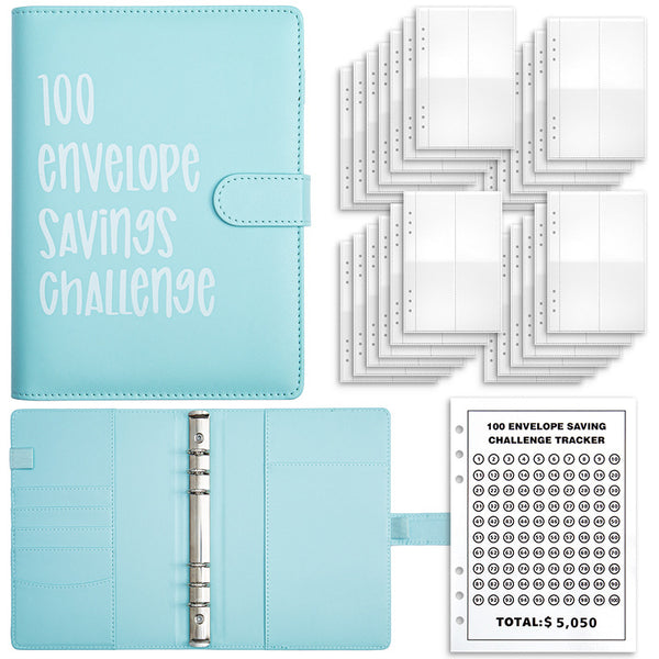 Blue 100-Day Savings Challenge Cash Binder with Tracker and Refillable Notebook