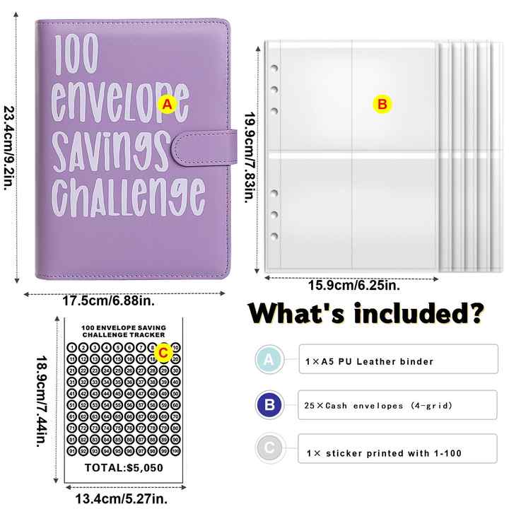 Purple 100-Day Savings Challenge Cash Binder with Tracker and Refillable Notebook