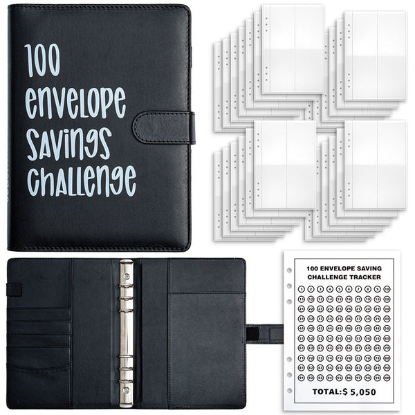 Black 100-Day Savings Challenge Cash Binder with Tracker and Refillable Notebook