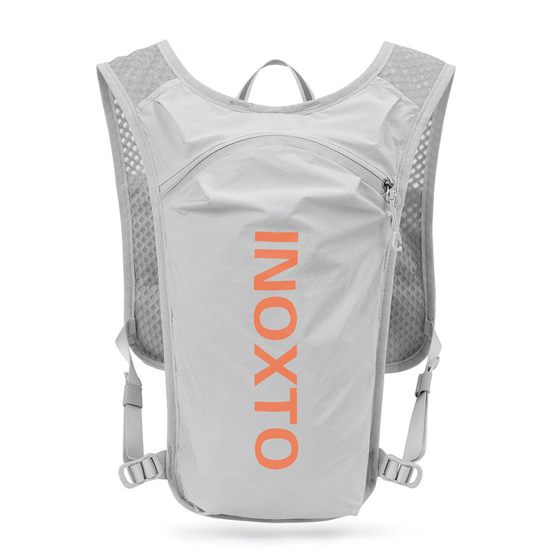 Lightweight Hydration Running Vest with 5L Capacity and Reflective Strips, Gray backpack with orange text