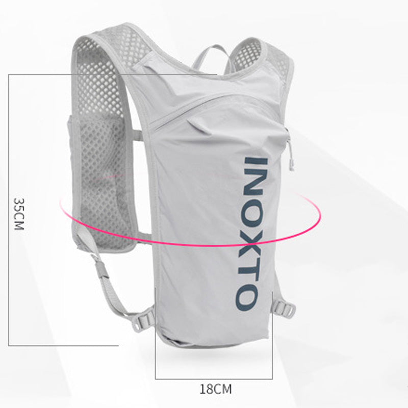 Lightweight Hydration Running Vest with 5L Capacity and Reflective Strips, Gray backpack with Dark blue text