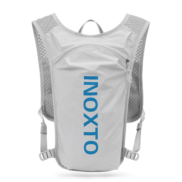 Lightweight Hydration Running Vest with 5L Capacity and Reflective Strips, Gray backpack with Blue text