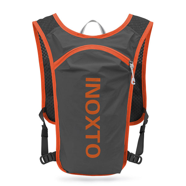 Lightweight Hydration Running Vest with 5L Capacity and Reflective Strips, Dark Gray backpack with orange text