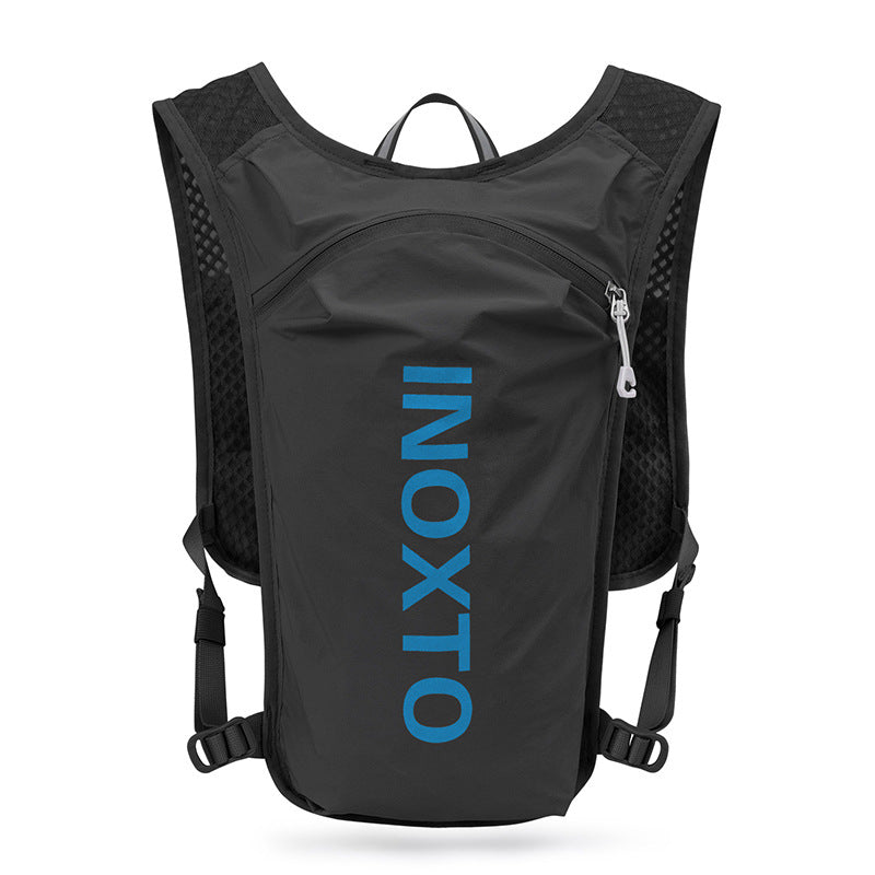 Lightweight Hydration Running Vest with 5L Capacity and Reflective Strips, Black backpack with blue text