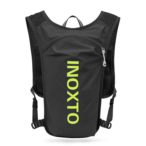 Lightweight Hydration Running Vest with 5L Capacity and Reflective Strips, Black backpack with green text